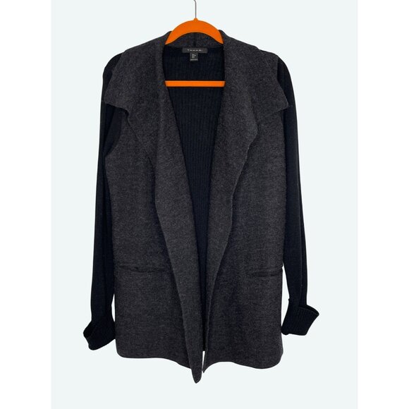 Tahari Black Gray Color Block Open Front Cardigan Wool Collared Size Large - Picture 1 of 9
